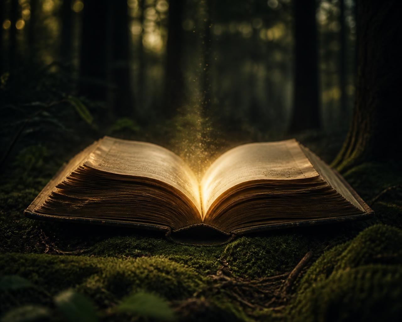Livro antigo aberto sobre o musgo com luz dourada suave