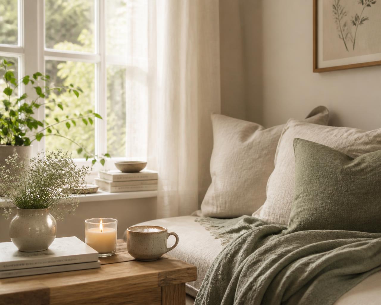 Espaço acolhedor em casa com luz natural, plantas e velas