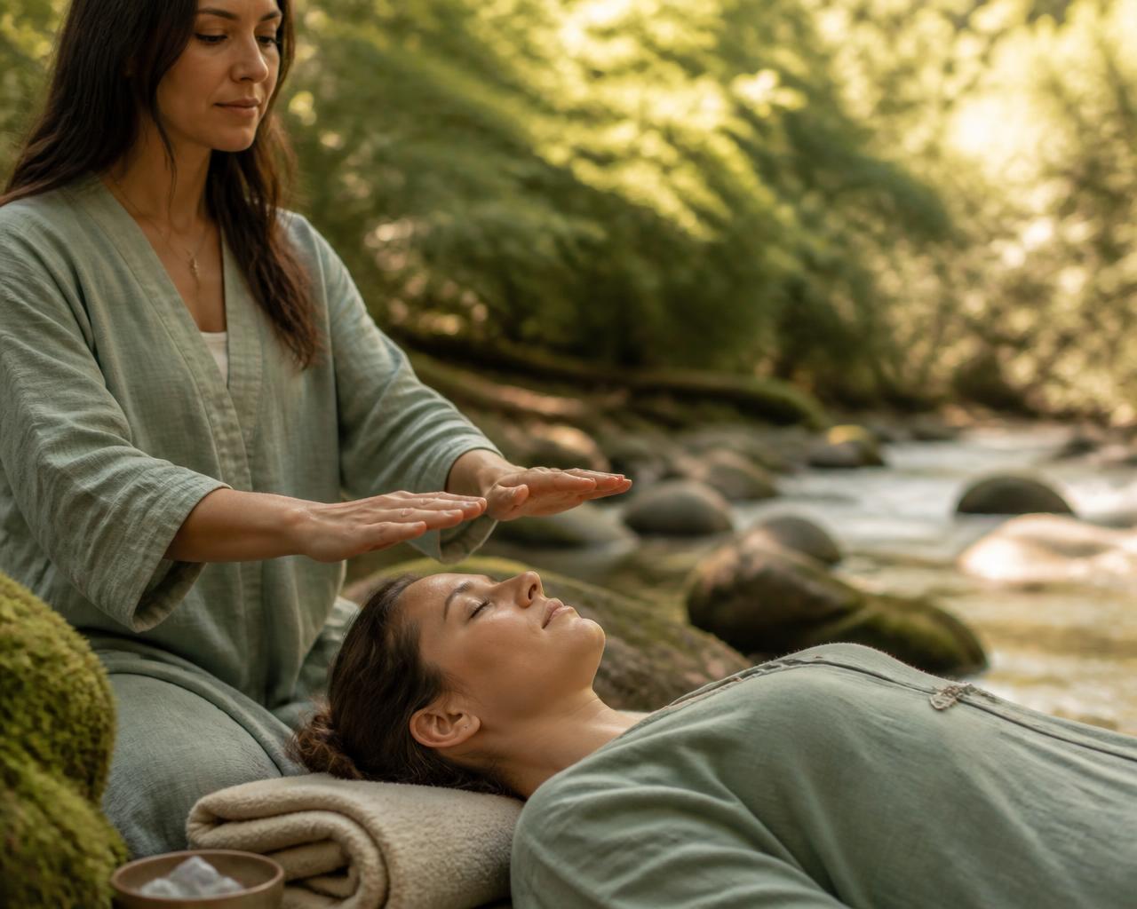 Sessão de Reiki em ambiente natural com pedras e luz suave